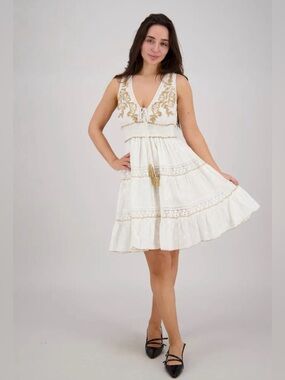 25168 White Sleeveless Tiered Boho Dress with Embroidery